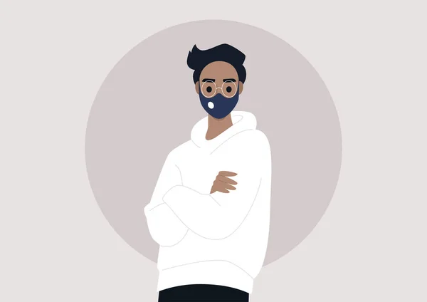 Personaje Masculino Joven Con Una Máscara Una Protección Pandémica Ilustración — Vector de stock