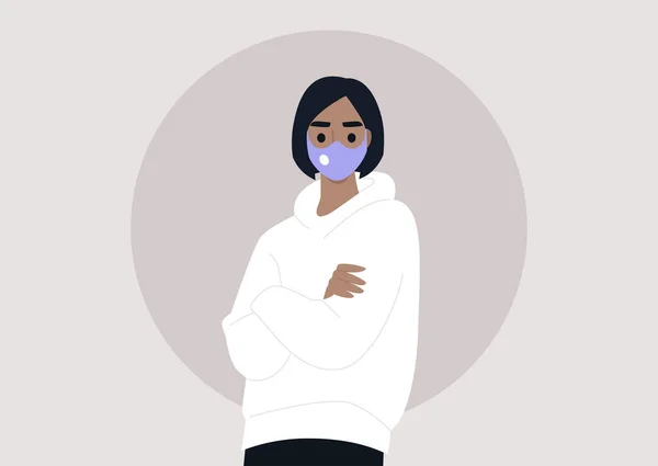 マスクを身に着けている若い女性のキャラクター パンデミック対策 フラットベクトルイラスト — ストックベクタ