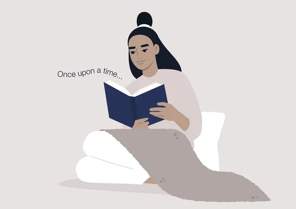 Wanita Muda Asia Karakter Membaca Buku Nyaman Interior Desain Gaya - Stok Vektor
