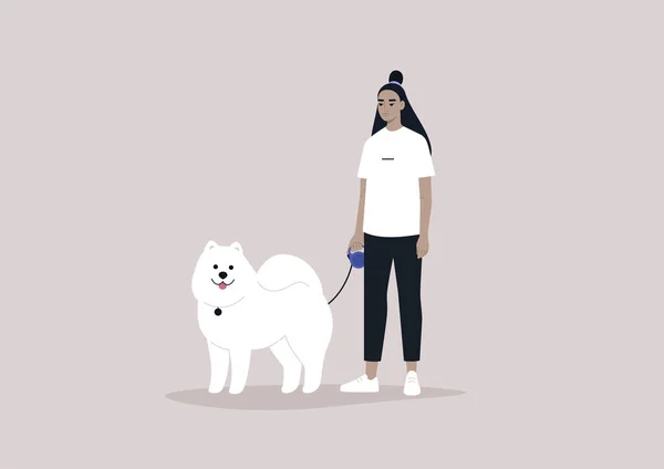 Young Female Asian Character Holding Fluffy Samoyed Puppy Leash Walking — Stock Vector