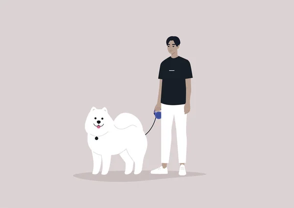 Jovem Personagem Asiático Masculino Segurando Filhote Cachorro Samoyed Fofo Uma — Vetor de Stock