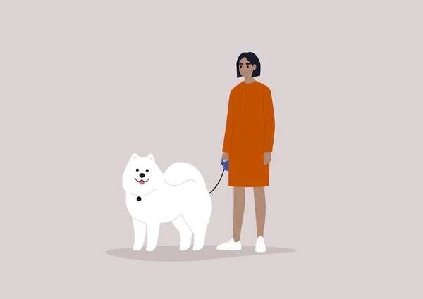 一个年轻的女性角色用皮带牵着一只毛茸茸的萨摩亚小狗 走狗戏 — 图库矢量图片
