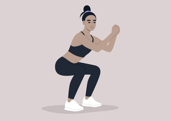 A young female Asian character doing squats, a workout scene, sport outfit