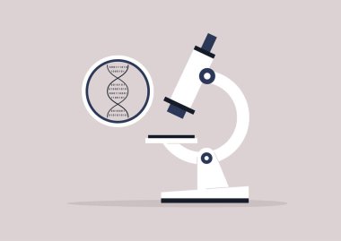Mikroskop altında DNA dijital kodu, biyoteknoloji ve biyohack.