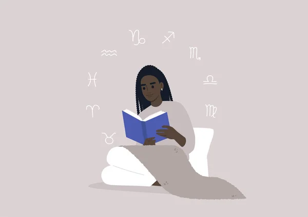 Astrologie Concept Een Jong Vrouwtje Zwart Karakter Dat Een Boek — Stockvector