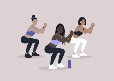 Çömelme hareketleri yapan genç kadın karakterler, spor grubu antrenman sahnesi, spor kıyafeti.