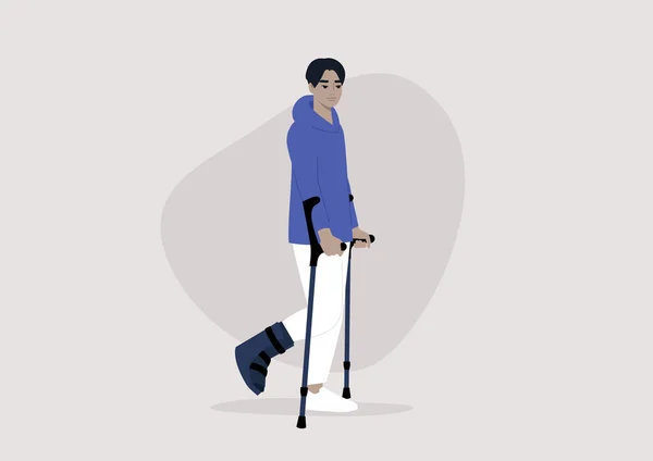 Mladý Muž Asijského Charakteru Zlomenou Nohou Pomocí Berlí Chodit Zdravotní — Stockový vektor