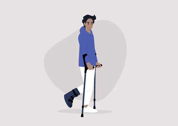 一个年轻的男子 腿骨折 用拐杖走路 医疗保健 — 图库矢量图片