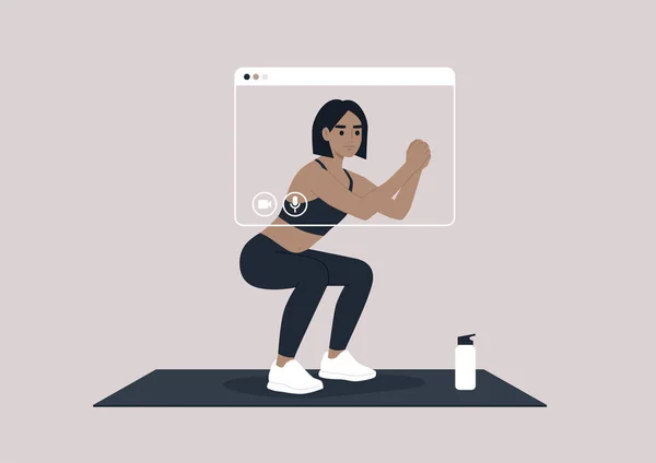 Jeune Personnage Féminin Faisant Des Squats Une Scène Entraînement Ligne — Image vectorielle
