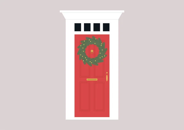 玄関のクリスマスのモミの花輪の装飾 冬の休日の季節のイラスト — ストックベクタ