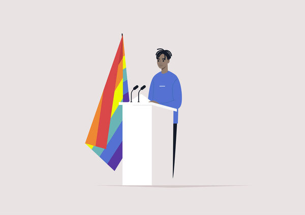 A male Black character standing behind the pulpit with a rainbow LGBT flag, human rights, political process 