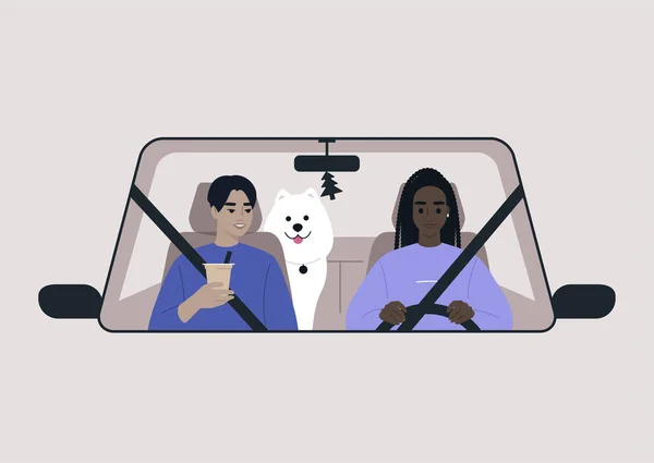 Road Trip Scènes Deux Personnages Leur Chien Voiture Vue Face — Image vectorielle