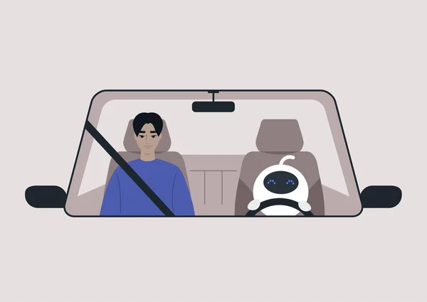 運転手のいない車のコンセプト 助手席で車を運転する白いかわいいロボット — ストックベクタ