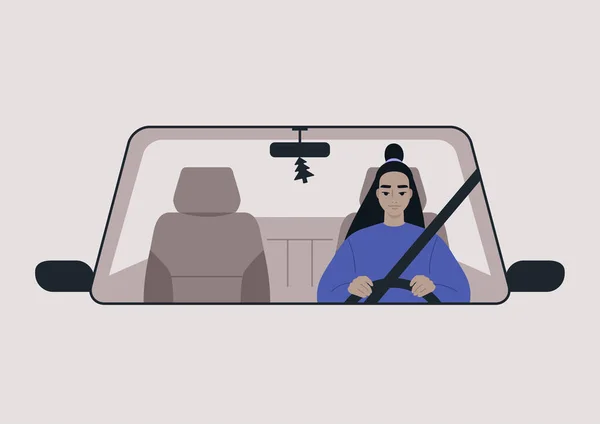 若い女性アジアのキャラクターが運転する車のフロントビュー 毎日の通勤 道路の旅のシーン — ストックベクタ