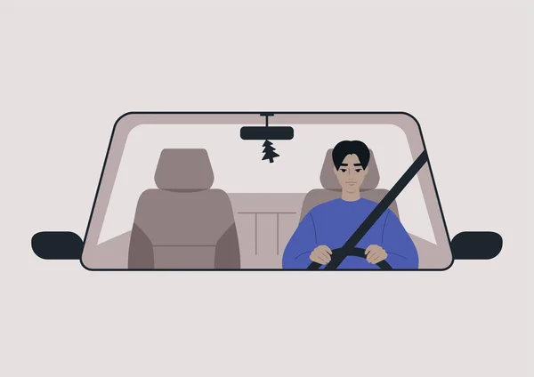 若い男性アジアのキャラクターが運転する車のフロントビュー 毎日の通勤 道路の旅のシーン — ストックベクタ