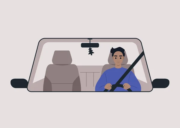 若い男性キャラクターが運転する車のフロントビュー 毎日の通勤 ロードトリップシーン — ストックベクタ