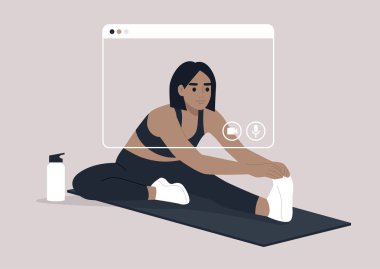 Çevrimiçi bir antrenman, genç bir kadın karakter bacak kasları esnemesi, spor ve refah yapıyor.