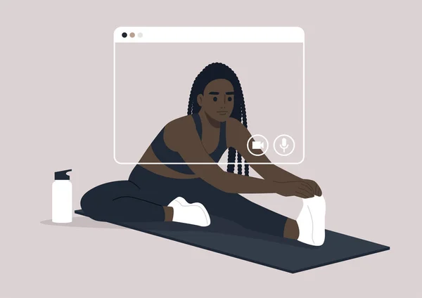 Eine Online Trainingseinheit Ein Junger Weiblicher Schwarzer Charakter Beim Stretchen — Stockvektor