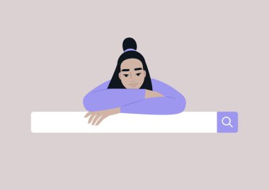 Arama motoru aracı, arama çubuğuna dayanan Asyalı bir kadın internet kullanıcısının portresi