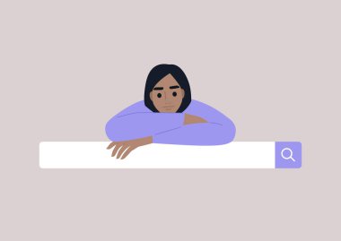 Arama motoru aracı, arama çubuğuna dayanan bir kadın İnternet kullanıcısının portresi