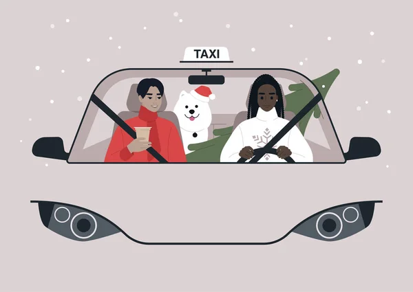 Une Vue Face Taxi Des Vacances Noël Chauffeur Passager Sur — Image vectorielle