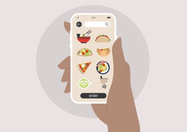 Gıda dağıtım mobil uygulaması, ramen, taco, avokado tostu, kruvasan sandviçi, pizza, güneşli tarafı, matcha ya da boba çayı seçimi.