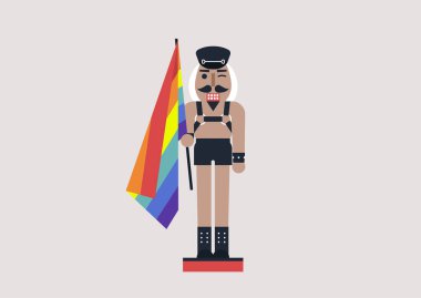 Deri kıyafet ve koşum takımı giyen tuhaf bir fındıkkıran, gökkuşağı bayrağı, modern Noel konsepti, lgbtq kültürü