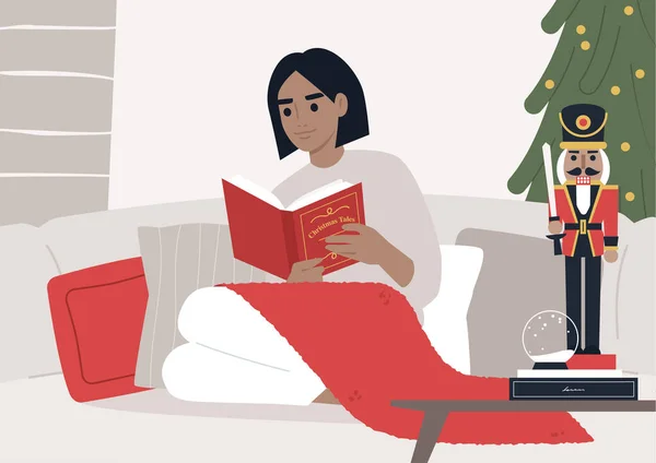 Een Jong Vrouwelijk Personage Dat Een Sprookje Leest Kerstboek Een — Stockvector