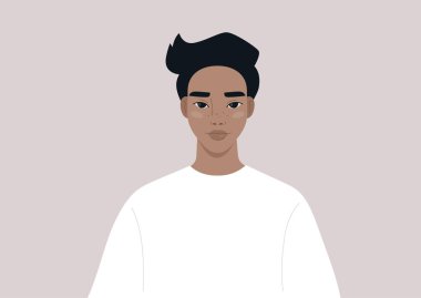 Basit, uzun kollu, bin yıllık Z nesli yaşam tarzı giyen genç bir İspanyol karakterin portresi.