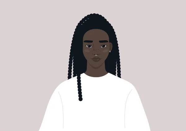 Retrato Joven Personaje Negro Con Una Simple Manga Larga Estilo — Vector de stock