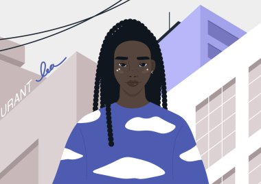 Gen z yaşam tarzı portresi, uzun kollu, bulut desenli genç bir kadın siyah karakter, şehir hayatı ve gençlik alt kültürleri
