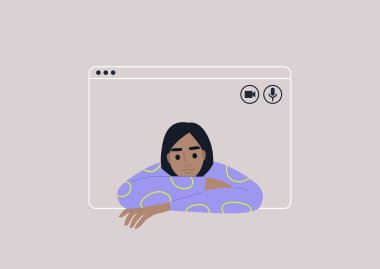 Video görüntüsü, ev konsepti, sosyal uzaklık, arkadaş, aile veya iş arkadaşlarıyla bağlantı kurmak için online teknolojiler kullanan genç bir kadın karakter.