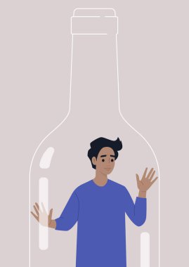 Alkol bağımlılığı sorunu, genç bir erkek karakter şarap şişesinin içinde kapana kısılmış.