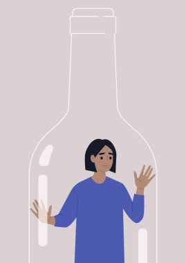 Alkol bağımlılığı sorunu, şarap şişesinin içine hapsolmuş genç bir kadın karakter.