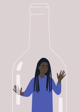 Alkol bağımlılığı sorunu, genç bir kadın siyahi karakter şarap şişesinin içine sıkışmış.