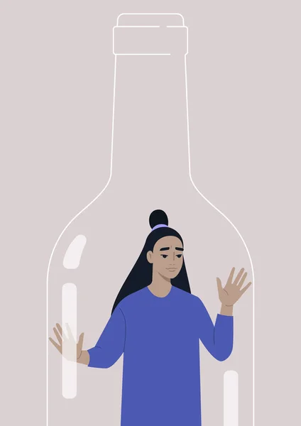 Alkoholabhängigkeitsproblem Eine Junge Asiatische Figur Die Einer Weinflasche Gefangen Ist — Stockvektor
