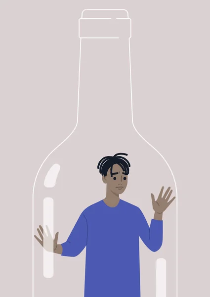 Проблема Алкогольної Залежності Молодий Чоловік Чорний Персонаж Опинився Пляшці Вина — стоковий вектор