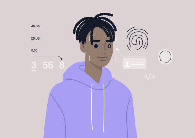 Face, eye, and fingerprint scanning technologies, cybersecurity, biometrics, a young male Black character passing the identity test clipart
