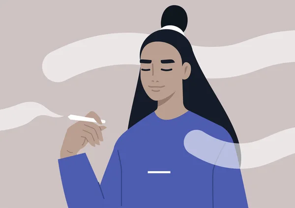 Giovane Rilassato Personaggio Femminile Asiatico Possesso Giunto Circondato Nuvole Fumo — Vettoriale Stock