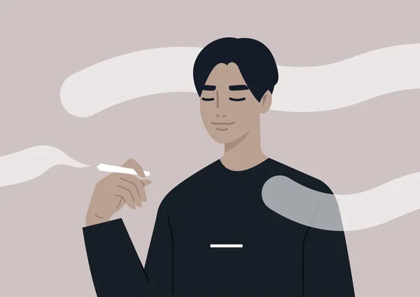 Mladý Uvolněný Muž Asijský Charakter Drží Kloub Obklopen Oblaky Kouře — Stockový vektor