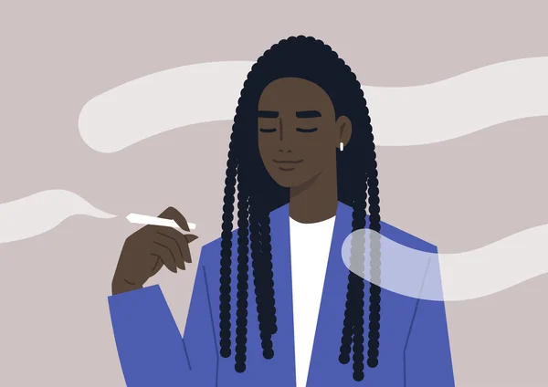 Joven Personaje Negro Femenino Relajado Sosteniendo Porro Rodeado Nubes Humo — Archivo Imágenes Vectoriales