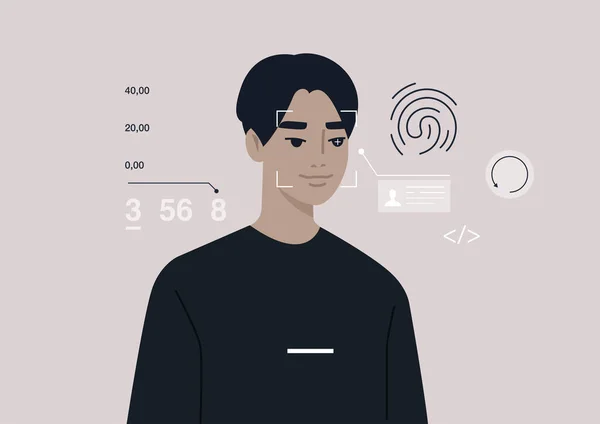 Technologie Skanowania Twarzy Oczu Odcisków Palców Cyberbezpieczeństwo Biometria Młody Azjata — Wektor stockowy