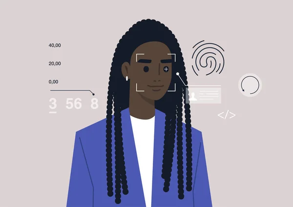 Technologie Snímání Obličeje Očí Otisků Prstů Kybernetická Bezpečnost Biometrika Mladá — Stockový vektor