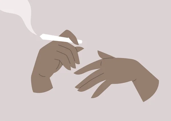 Uma Imagem Isolada Mãos Segurando Cigarro Aceso — Vetor de Stock