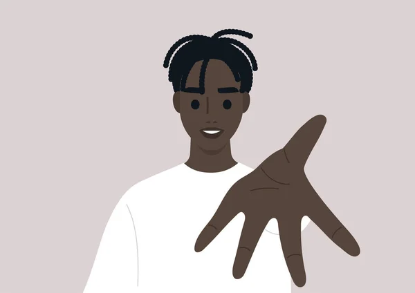 Jonge Man Zwarte Karakter Met Uitgestrekte Arm Aanbieden Van Hun — Stockvector