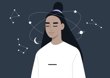 Genç, rüya gibi Asyalı kadın karakter evrenin kafalarının etrafında döndüğünü hayal ediyor, sakin zihin ve meditasyon, ezoterik bilgi.