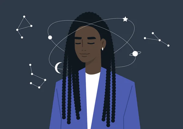 Jovem Sonhadora Personagem Negra Imaginando Universo Girando Torno Sua Cabeça — Vetor de Stock