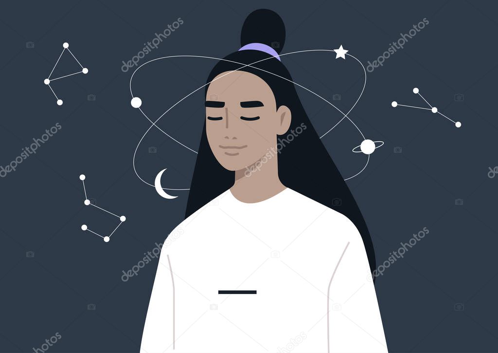 Young dreamy female Asian character imagining the universe spinning around their head, calm mind and meditation, esoteric knowledge