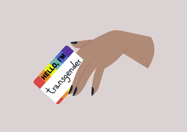 出来了 一只手拿着彩虹名标签 上面写着跨性别这个词 Lgbtq社区 — 图库矢量图片