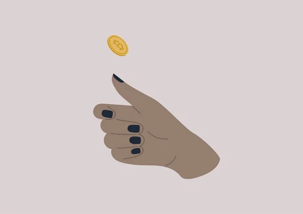 Concepto Criptomoneda Una Mano Aislada Lanzando Una Moneda — Vector de stock